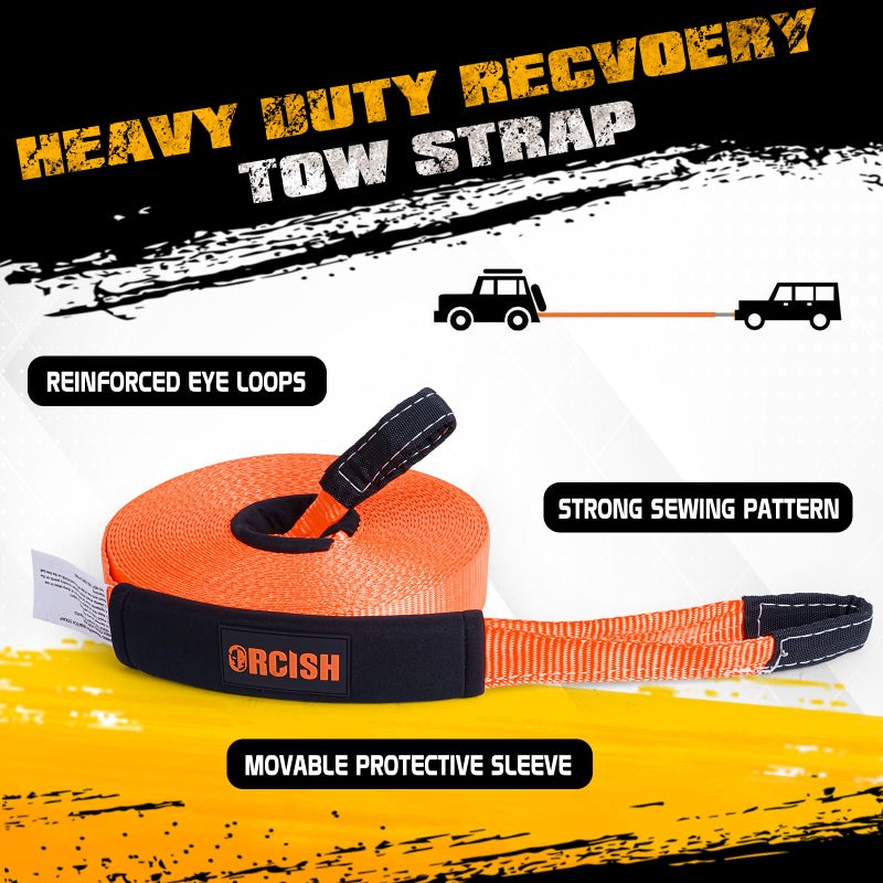 ORCISH Long Recovery Tow Straps, 2" x 66 FT Tow Straps Heavy Duty with Loops, Tow Rope for Truck, Vehicle Recovery Rope with Reinforced Loops and Protective Sleeves, Tree Saver Strap for Winching - Image 2